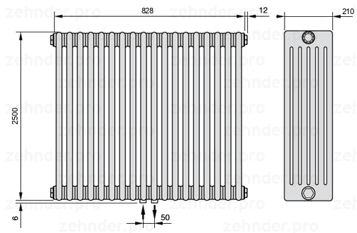 Схема (чертеж) Радиатор Zehnder Charleston 6250/18 №3470 Белый глянцевый RAL 9016